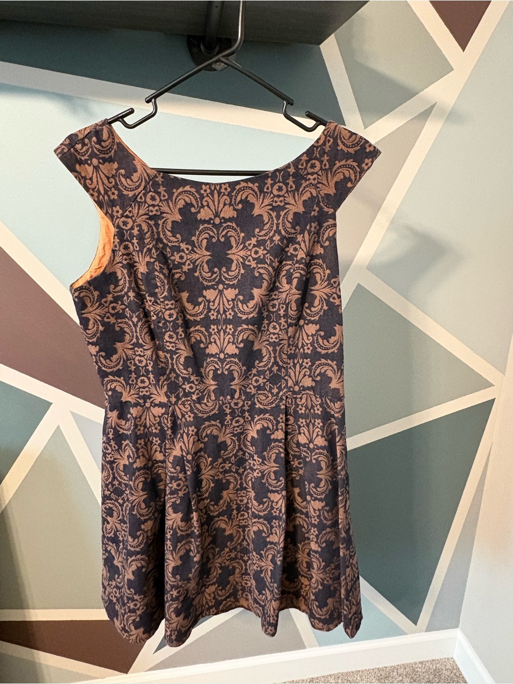 Under Skies Navy and Tan Damask Fit-and-Flare Mini Dress